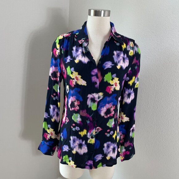 NEW Ichi Womens 36 Black Destort Floral Button Up Shirt Long Sleeve Blouse Top - Picture 1 of 8